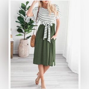 Chic Striped Top with Green Skirt Dress